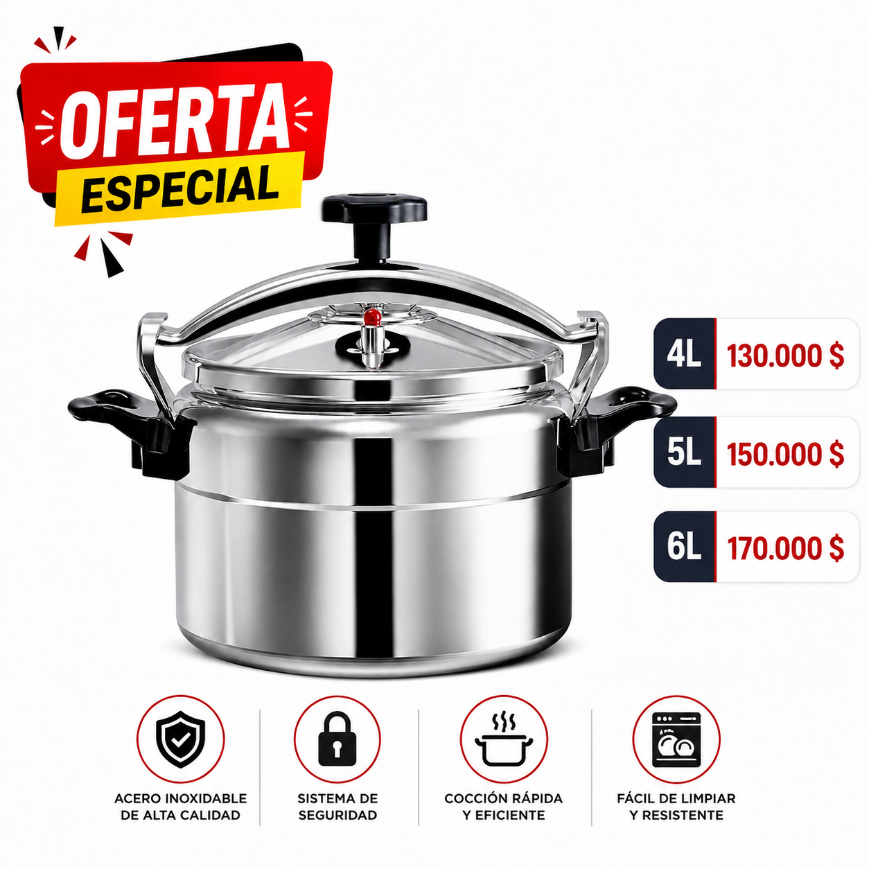 Olla a Presion Multiples Tamaños 4L | 5L | 6L En Aluminio De Alta Resistencia.
